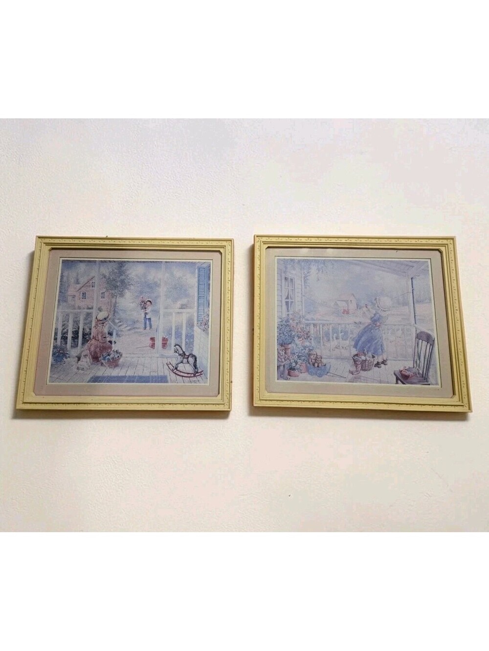 Vintage Homco Laforet Pastel Prints Pair Children Porch Faux Wood Framed 1980s